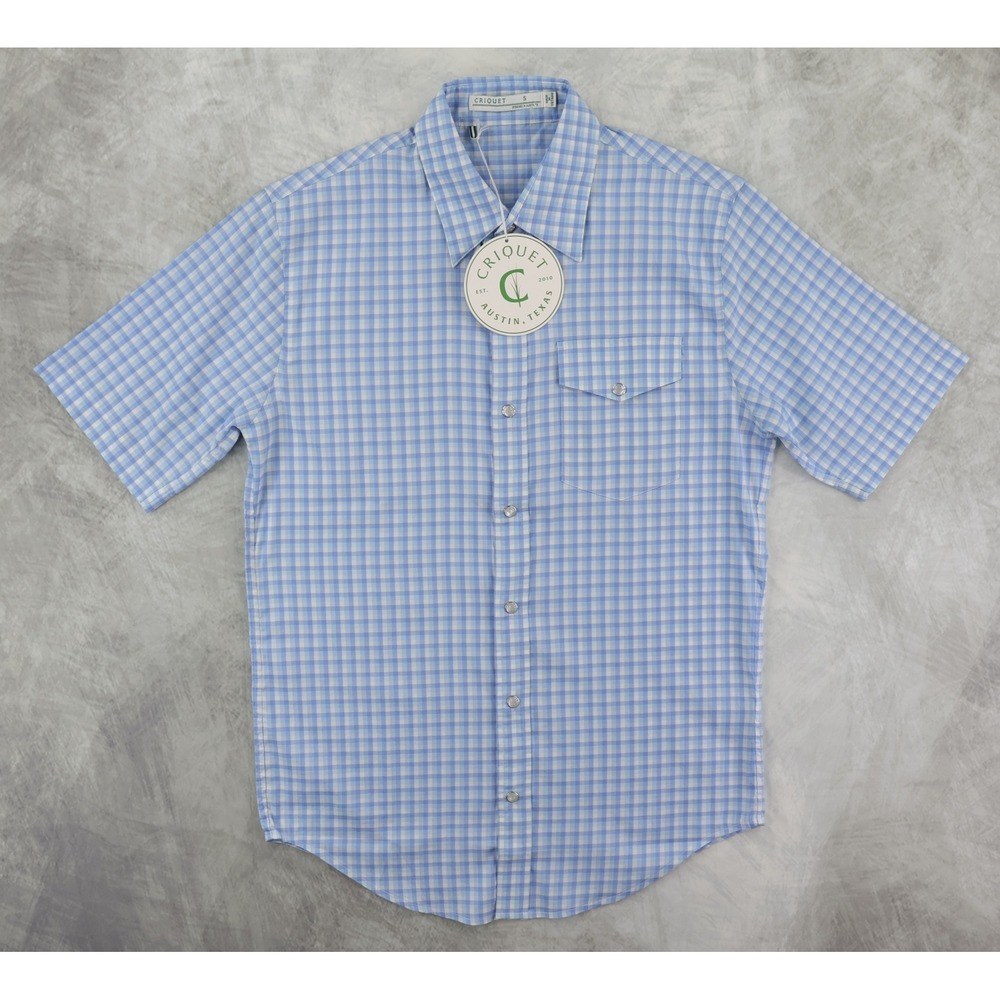 New Criquet Western Snap Shirt‎ Mens Small Blue Gingham Short Sleeve Lightweight